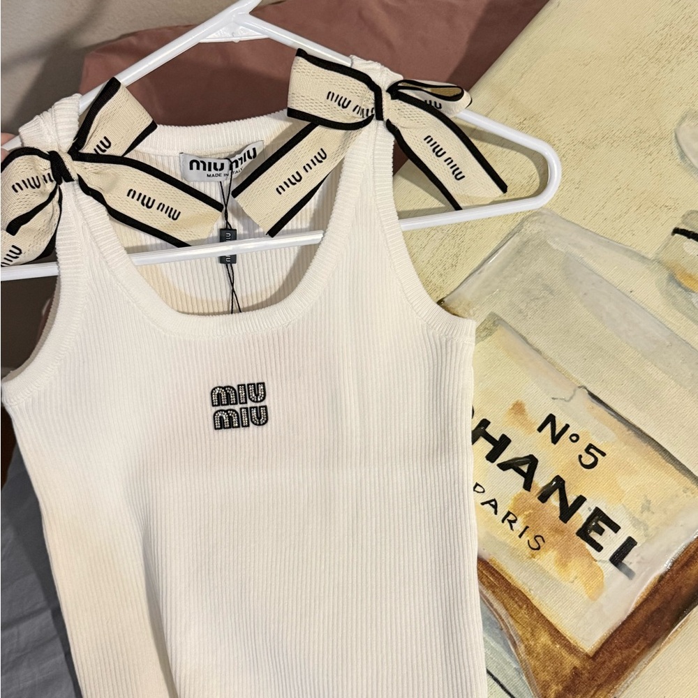 Miu Miu White Tank Top with Black Bow Accents